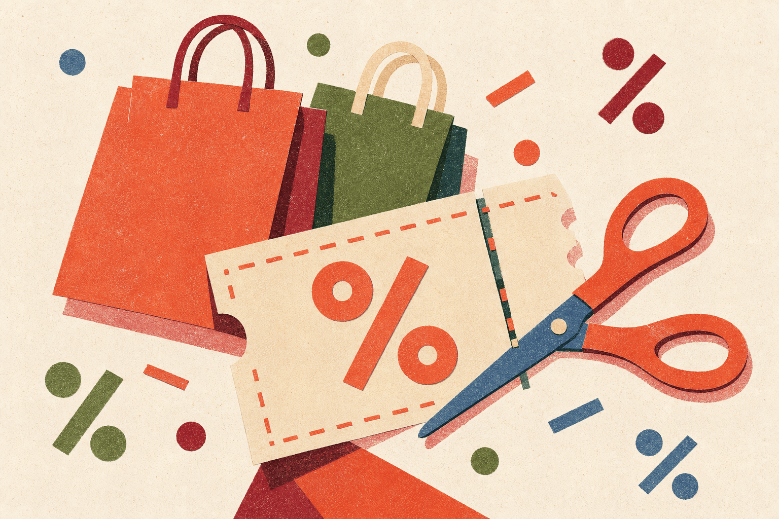 Collageillustration med shoppingkassar, sax och kupong i korall mot papper
